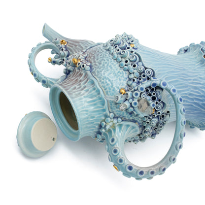 Teapot in Blue with Quartz Crystals and Gold