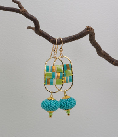 Mosaic in Chartreuse and Turquoise Earrings