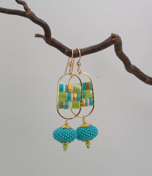 Mosaic in Chartreuse and Turquoise Earrings