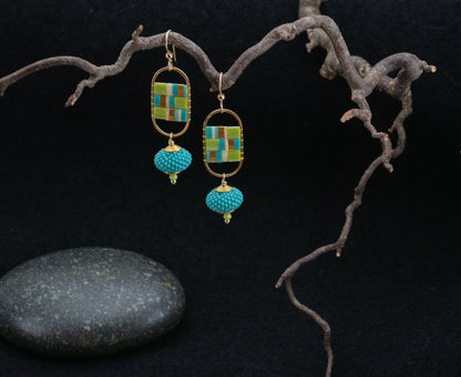 Mosaic in Chartreuse and Turquoise Earrings