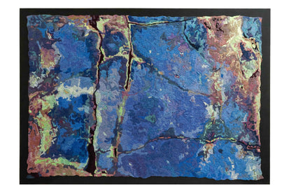 Abstract thread painting with deep cracks, showcasing colorful thread stitching in a textured embroidery.