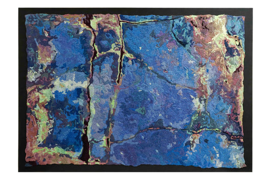 Abstract thread painting with deep cracks, showcasing colorful thread stitching in a textured embroidery.