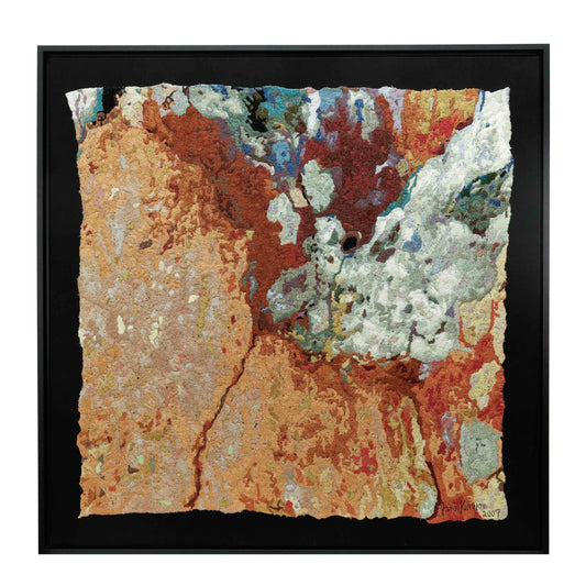 "Fracture 2" thread painting by Jane Kenyon. Abstract embroidery with colorful thread stitching, resembling fractured terrain.