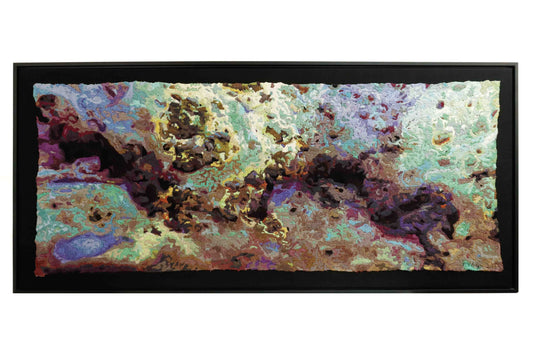 "Fracture 1" thread painting by Jane Kenyon. Abstract embroidery with colorful thread stitching, resembling a celestial landscape.