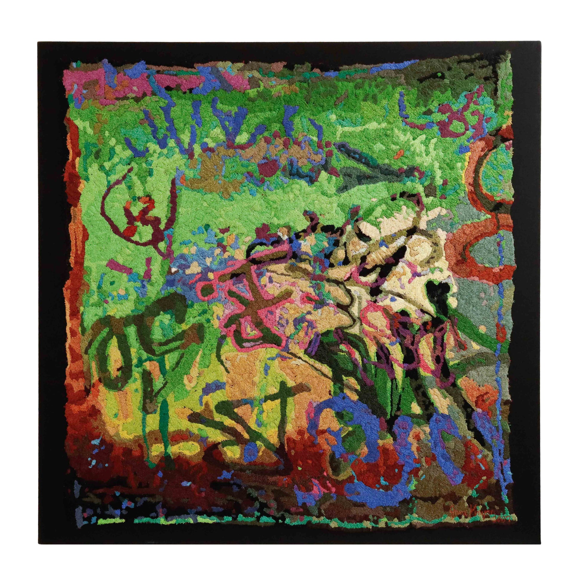 "Urban Marking 1" thread painting by Jane Kenyon. Abstract embroidery with colorful thread stitching.