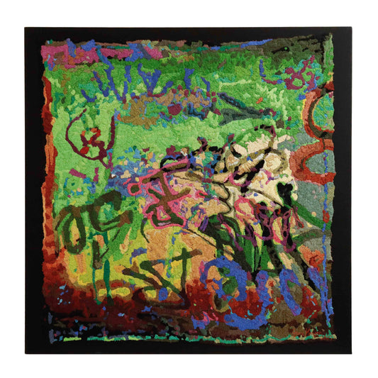 "Urban Marking 1" thread painting by Jane Kenyon. Abstract embroidery with colorful thread stitching.