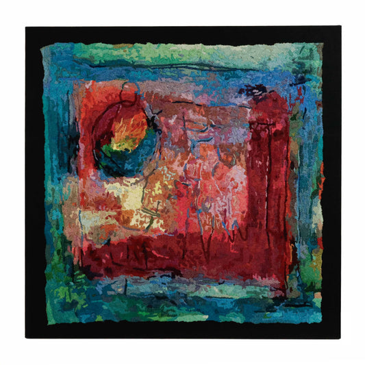 "Urban Marking 3" thread painting by Jane Kenyon. Abstract embroidery with colorful thread stitching, featuring geometric shapes.