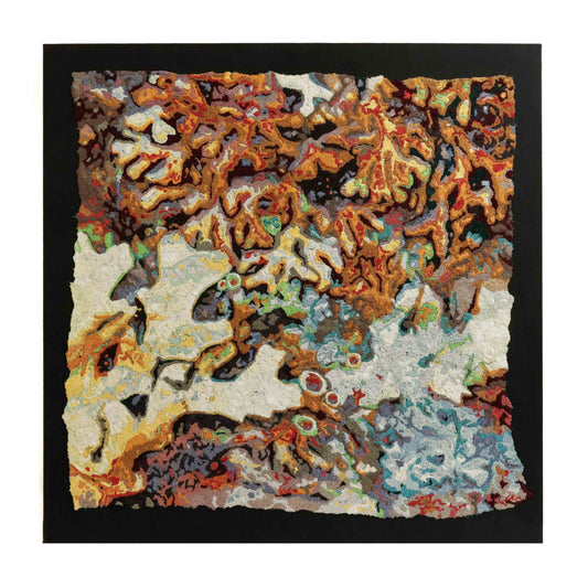 A textured thread painting with abstract patterns, exhibiting intricate stitching and a mix of colorful thread.