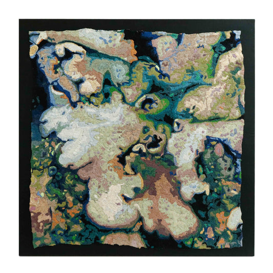 A square thread painting with abstract, organic patterns crafted with colorful thread. Intricate stitching forms a beautiful artwork.