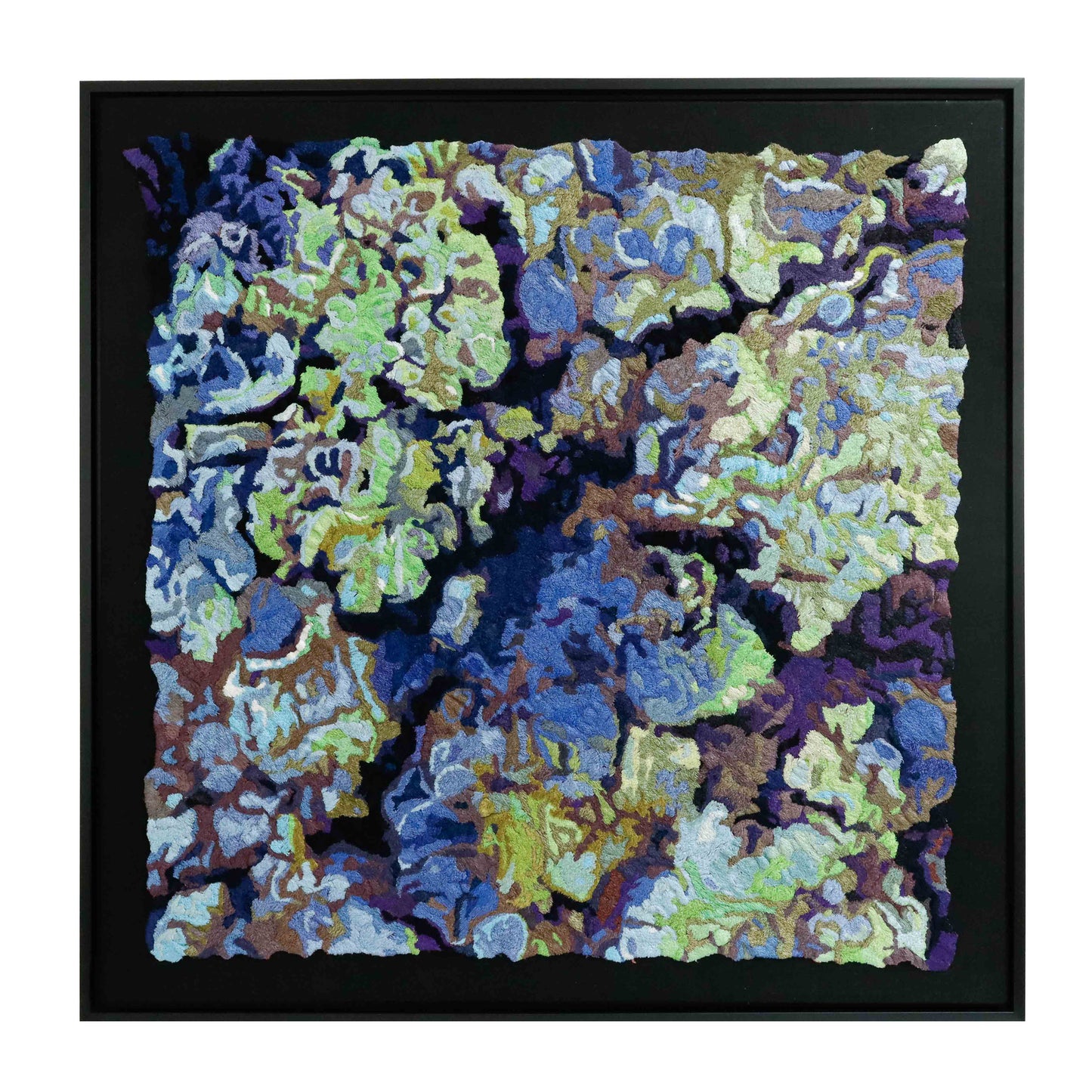 A square thread painting with organic, textured patterns, showcasing intricate stitching and colorful thread.
