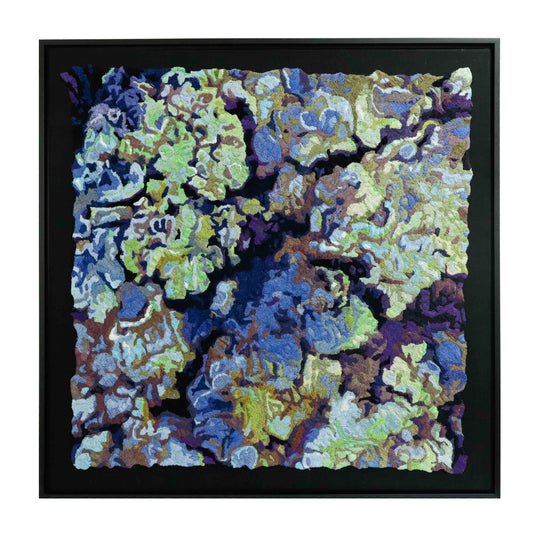 A square thread painting with organic, textured patterns, showcasing intricate stitching and colorful thread.