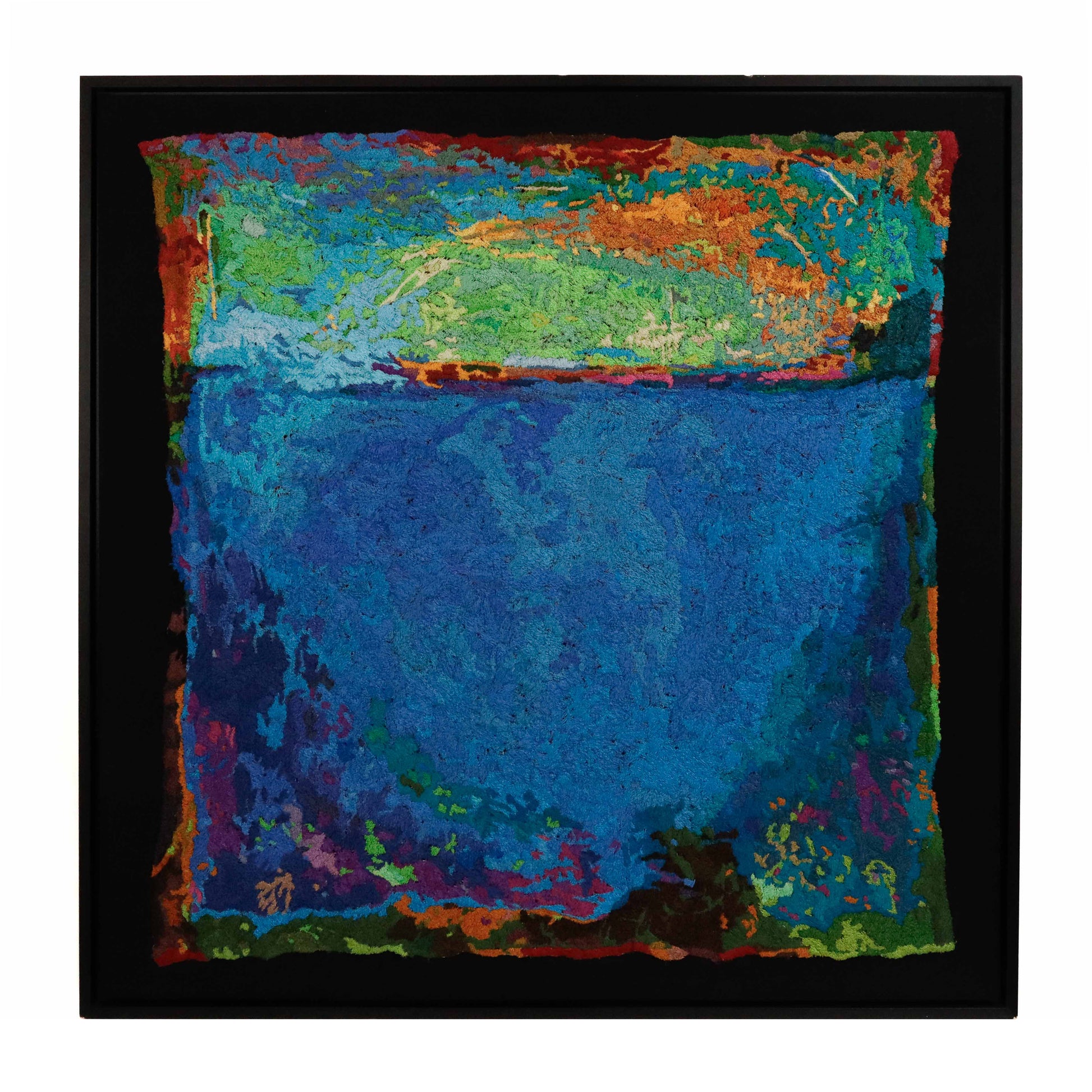 A square thread painting with a landscape design, showcasing intricate stitching and colorful thread.