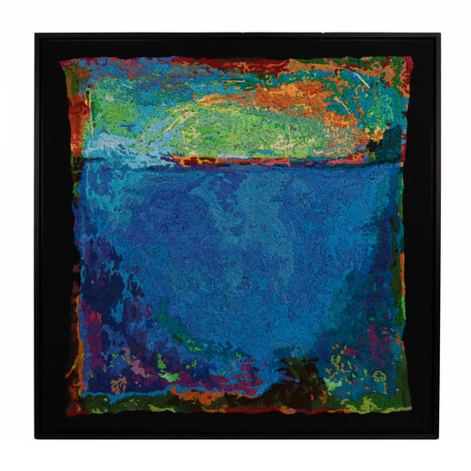 A square thread painting with a landscape design, showcasing intricate stitching and colorful thread.