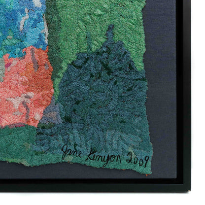 A close-up of a thread tapestry with a signature, showcasing intricate stitching and colorful thread. A beautiful painting by Jane Kenyon.