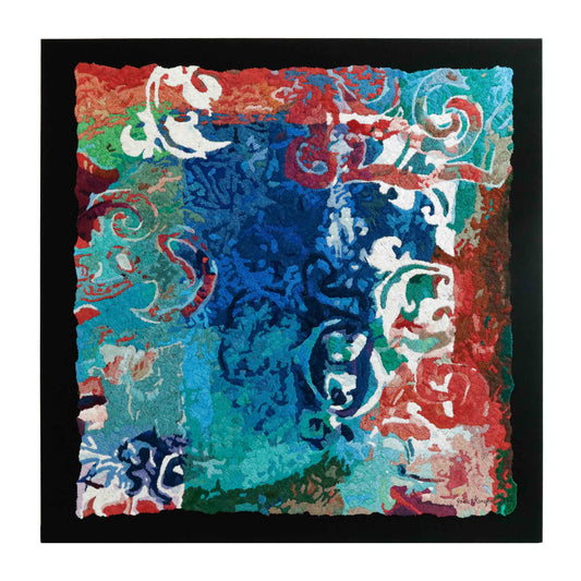 A square thread tapestry with a mix of patterns, showcasing intricate stitching and colorful thread.