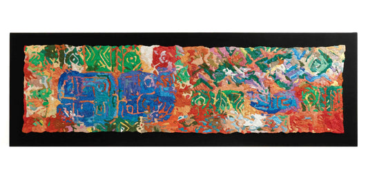 A wide, rectangular thread tapestry with abstract patterns, showcasing intricate stitching and colorful thread.