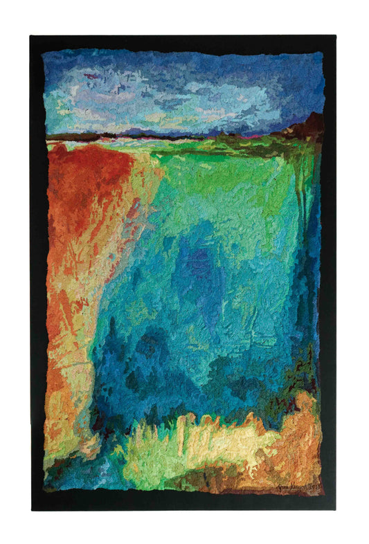 A thread tapestry with an abstract landscape, showcasing intricate stitching and colorful thread.