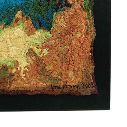 A thread tapestry with a signature, showcasing intricate stitching and colorful thread. A beautiful thread painting by Jane Kenyon.