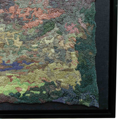 A close-up of a framed thread tapestry, showcasing intricate stitching and colorful thread. A beautiful thread painting by Jane Kenyon.