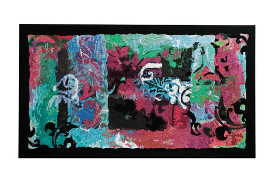 A wide, rectangular thread tapestry with abstract patterns, showcasing intricate stitching and colorful thread.