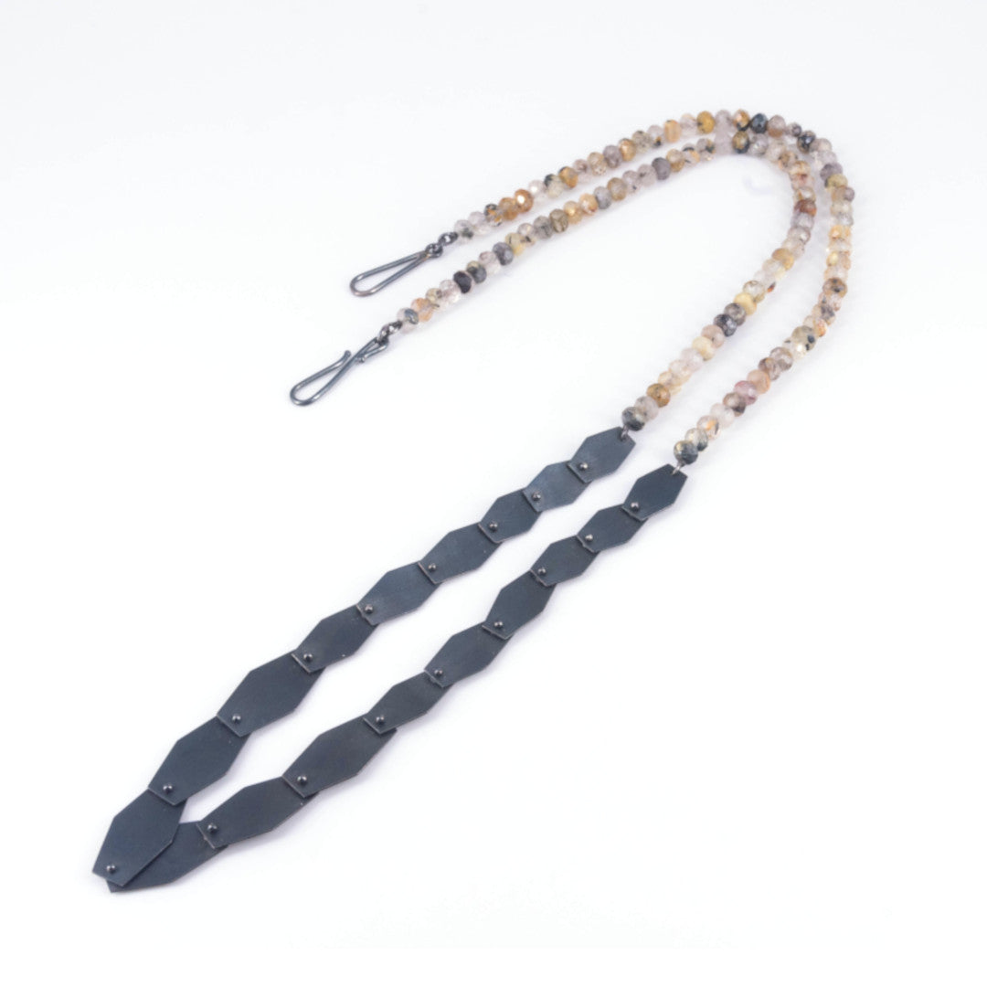 Riveted Double Trapezoid and Tourmalated Quartz Necklace