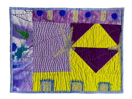 Abstract textile art with geometric shapes in purple and yellow, featuring varied stitching and fabric textures.