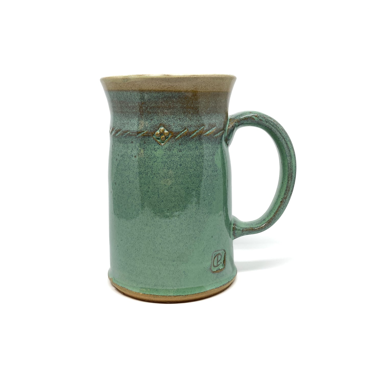 Seafoam green glazed ceramic stein with a textured rope design and a circular maker's mark near the base.