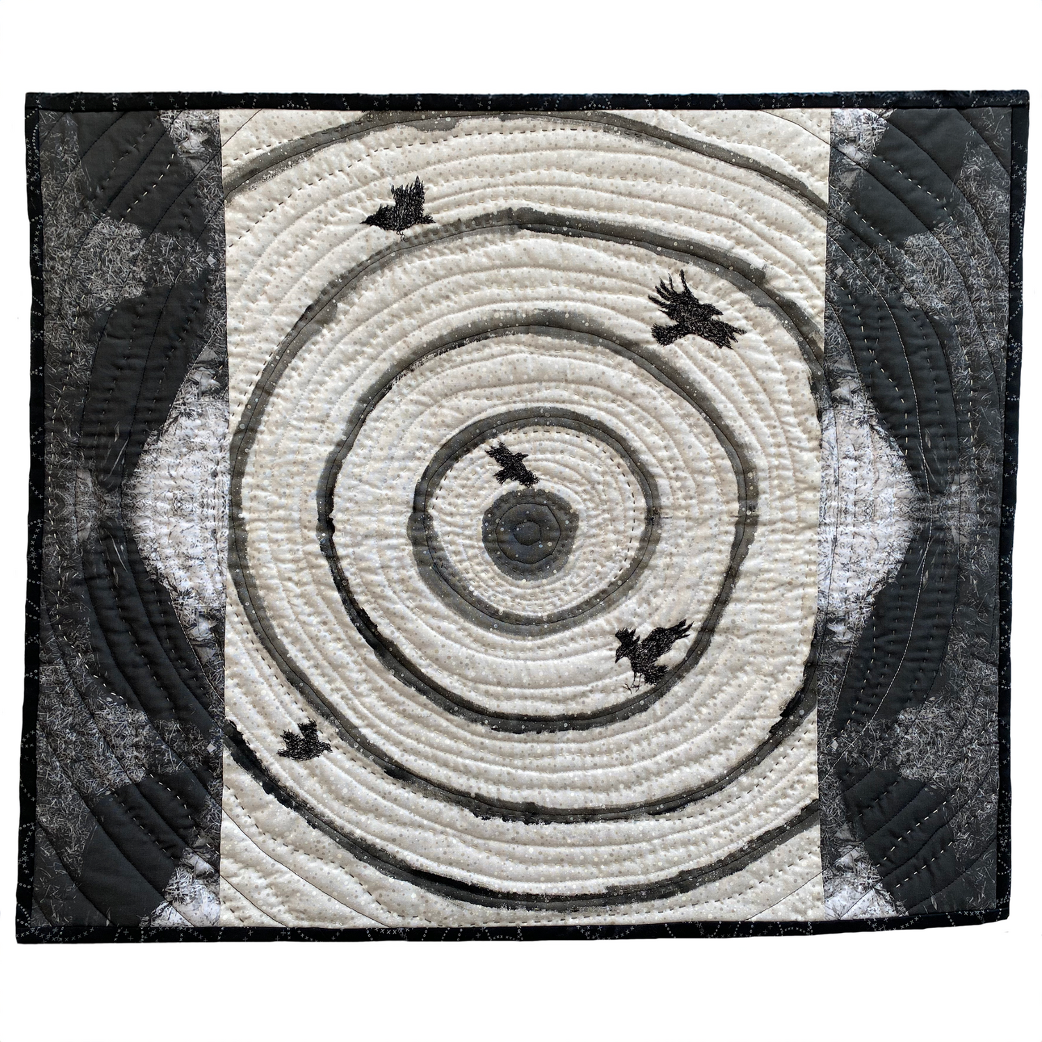 Textile art: "To the Center Wall Quilt" by Jennie Johnston, featuring swirling lines and five stitched birds.