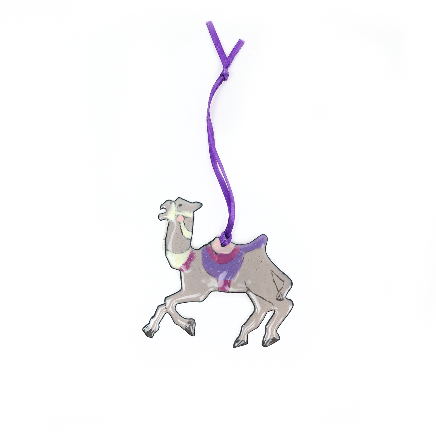 Handmade Camel Ornament decorated with a purple saddle and ribbon for hanging.