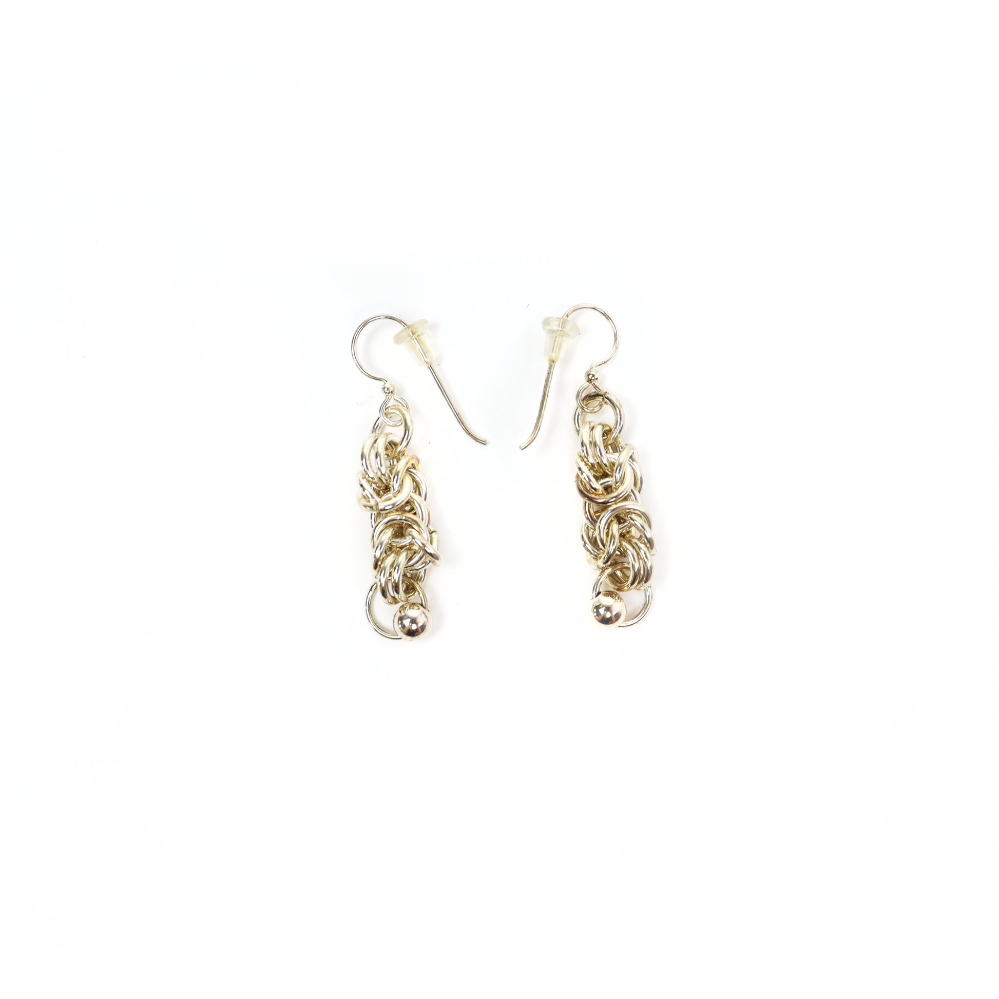 King Chain Dangle Earrings featuring intricate silver chainmail weave with a small silver ball drop.