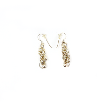 King Chain Dangle Earrings featuring intricate silver chainmail weave with a small silver ball drop.