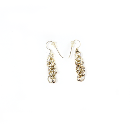 King Chain Dangle Earrings featuring intricate silver chainmail weave with a small silver ball drop.
