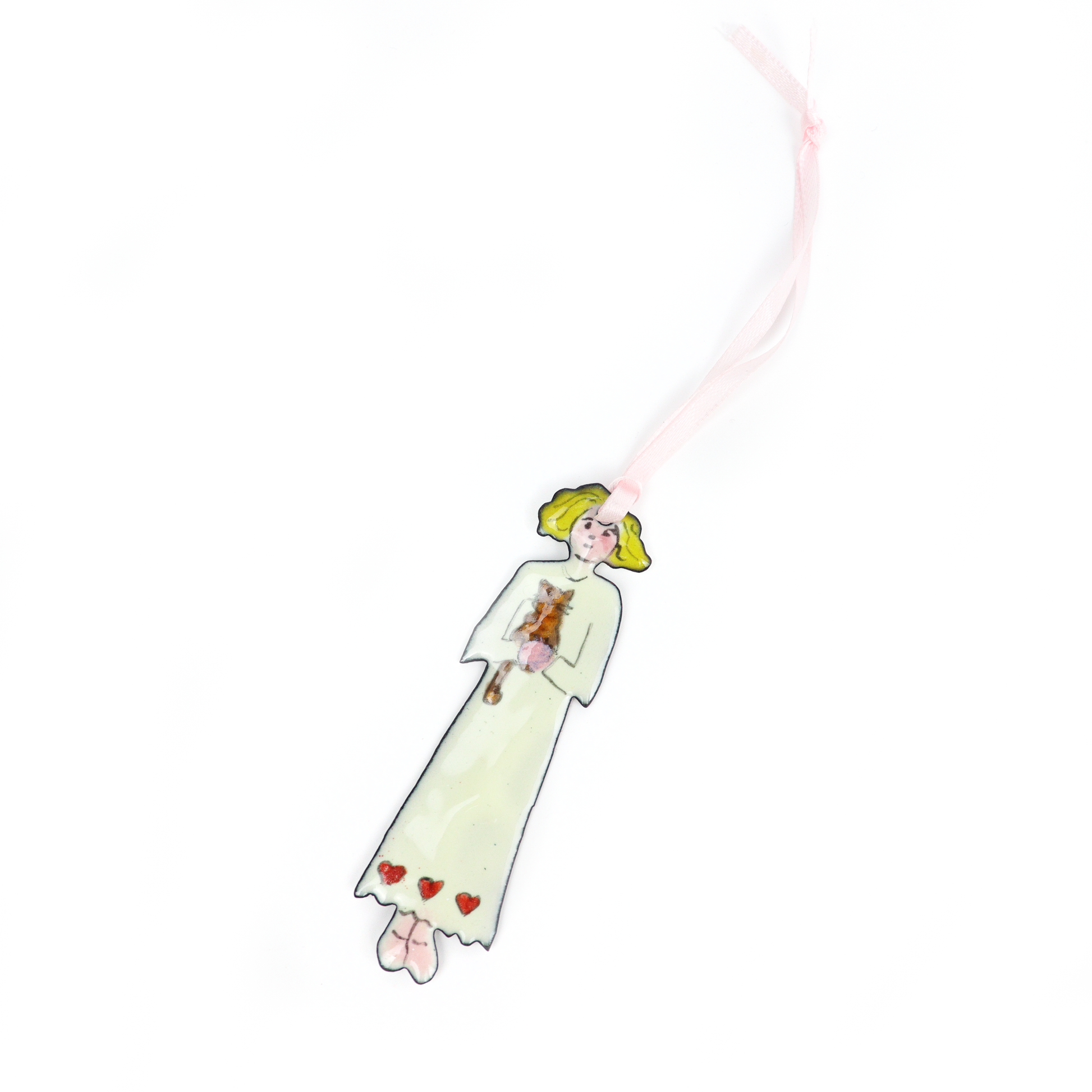 Handmade Dolly Ornament with yellow hair, holding a small brown cat and wearing a long dress with red hearts.