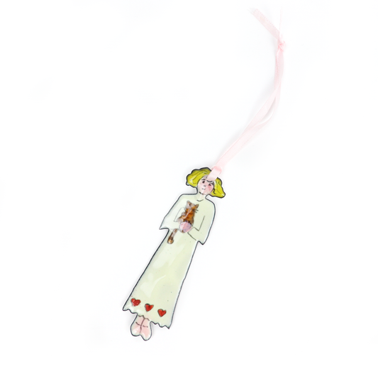 Handmade Dolly Ornament with yellow hair, holding a small brown cat and wearing a long dress with red hearts.