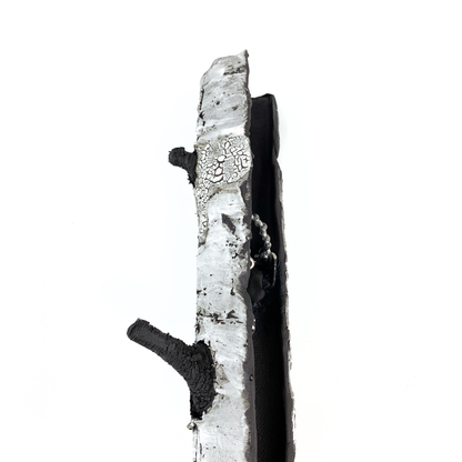 A birch bark textured wall hanging with a protruding black branch and a deep crevice.