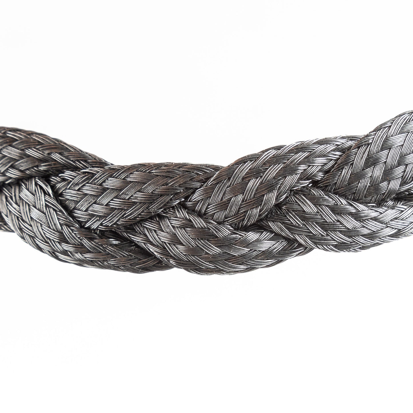 Close-up of a braided stainless steel necklace section on a white background.