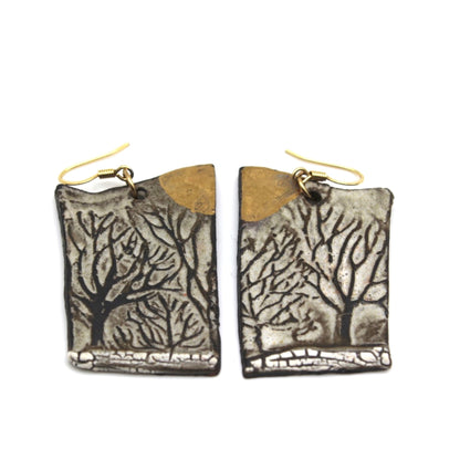Rectangular earrings with tree designs, gold hooks, and a gold accent at the top.